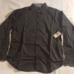 NWT GUESS XL Mens Black and Grey Button Up Striped Shirt